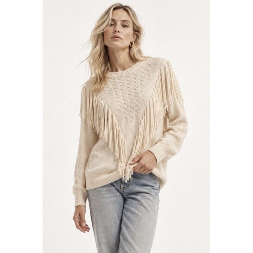Boutique Cream Fringe Cable Knit Sweater Boho Western Pullover Large